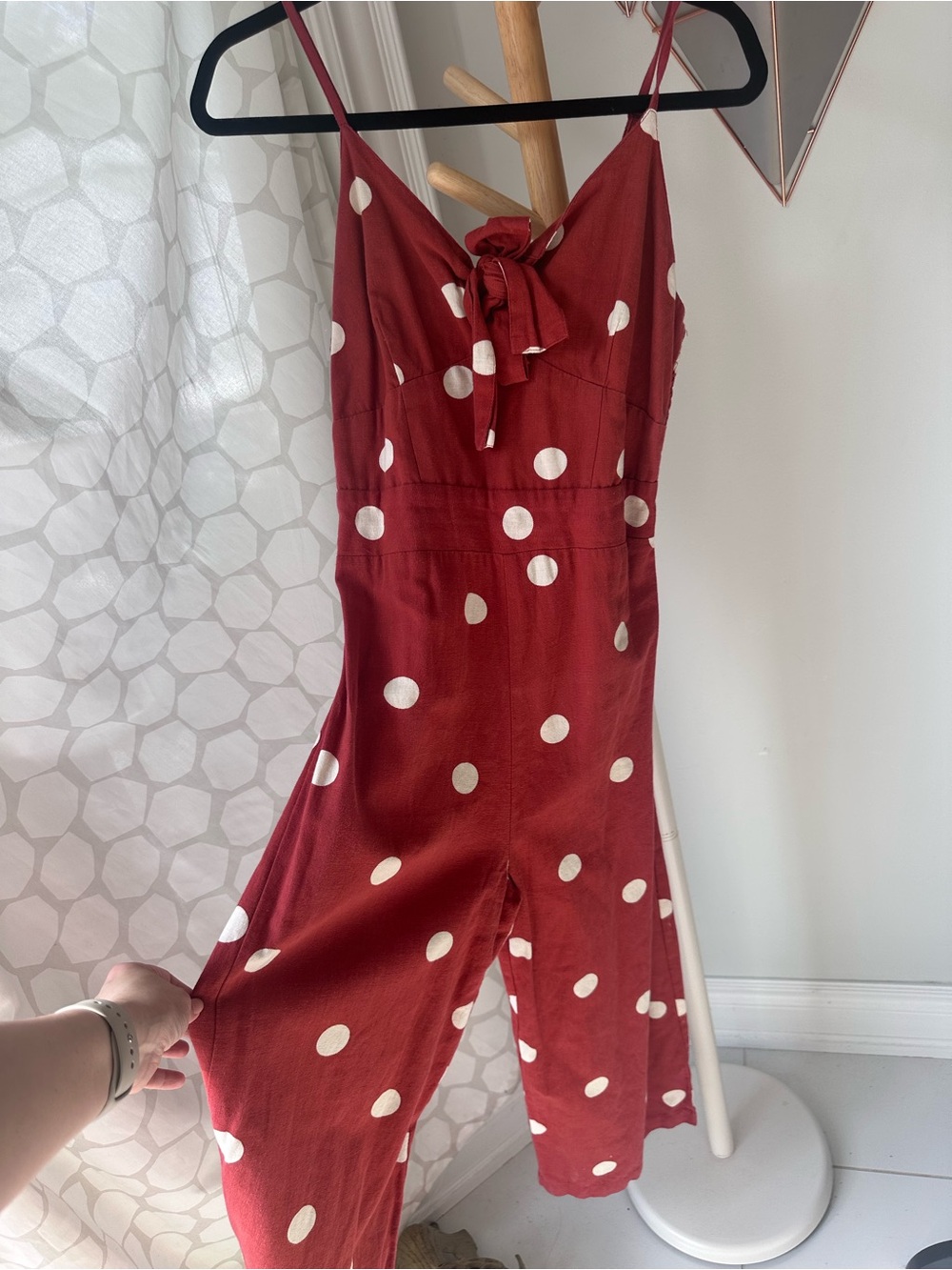 JAPNA Rust Red White Polka Dot Tie-Front Jumpsuit Cropped Linen Cotton Sz Medium